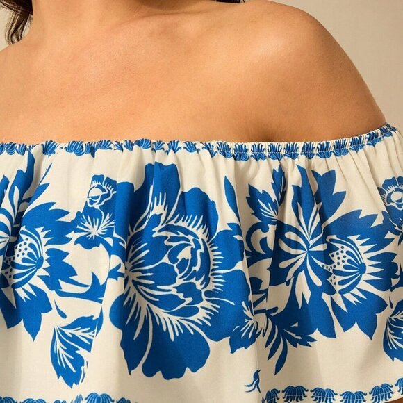 Multicolor Boho Women's Summer Flower Printed Flounce Off-Shoulder Crop Top - Picture 7 of 7